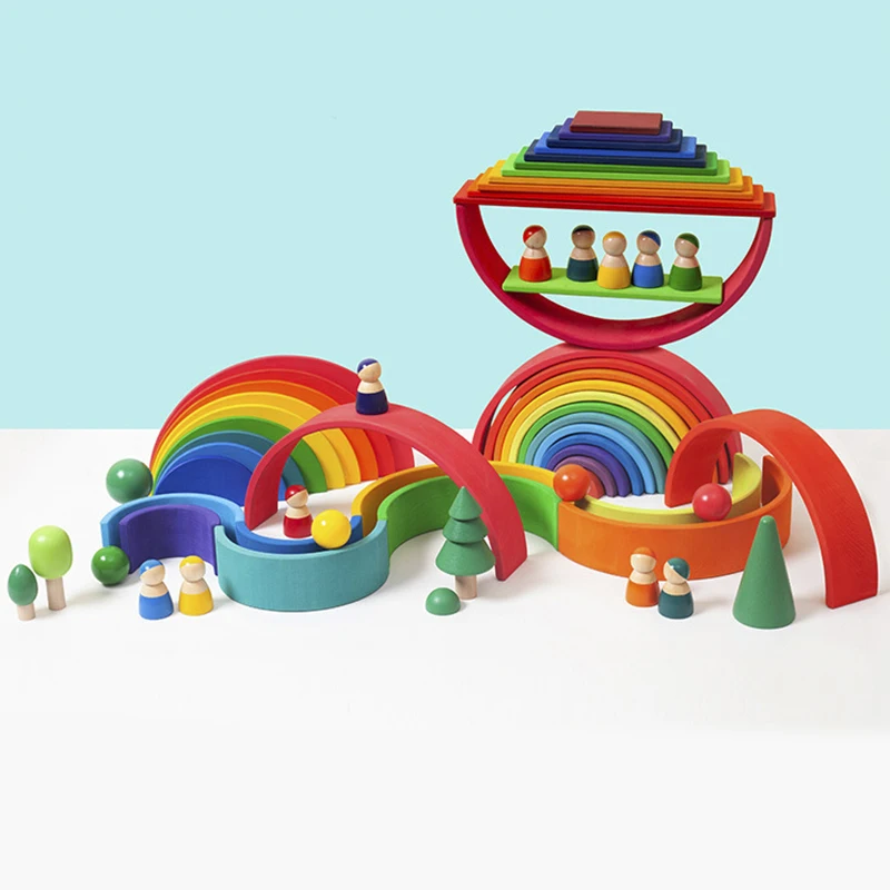 DIY children's wooden toy creative stacked rainbow building blocks large size montessori educational toys for children kids thumbnail 5