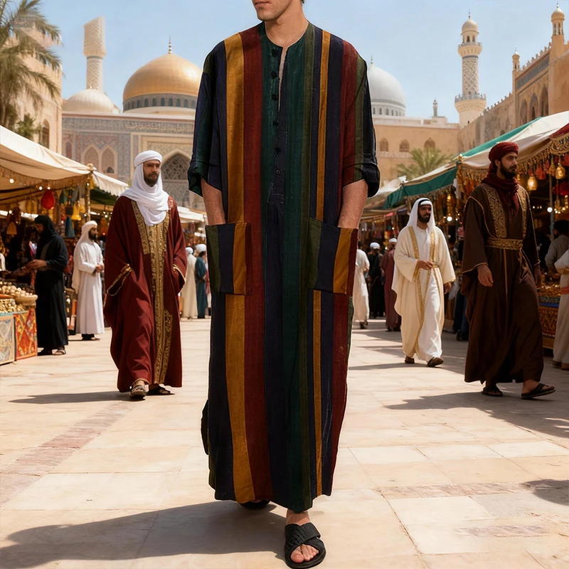 New Men Islam Qamis Muslim Striped Robes Long Sleeve Button-down Arabian Kaftan Suit Middle East Dubai Abaya Summer Man Clothing thumbnail 3