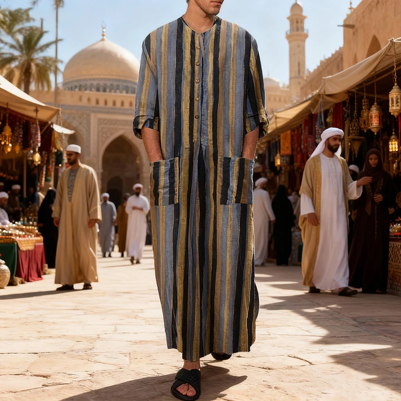 New Men Islam Qamis Muslim Striped Robes Long Sleeve Button-down Arabian Kaftan Suit Middle East Dubai Abaya Summer Man Clothing thumbnail 6
