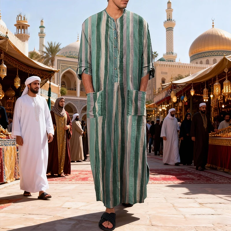 New Men Islam Qamis Muslim Striped Robes Long Sleeve Button-down Arabian Kaftan Suit Middle East Dubai Abaya Summer Man Clothing thumbnail 4