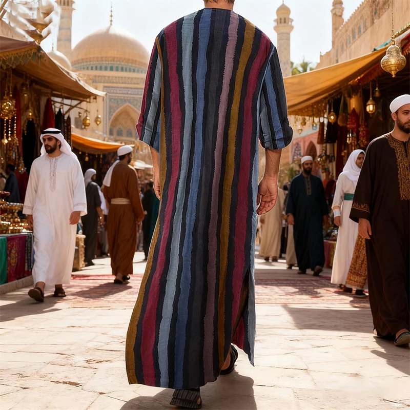 New Men Islam Qamis Muslim Striped Robes Long Sleeve Button-down Arabian Kaftan Suit Middle East Dubai Abaya Summer Man Clothing thumbnail 2