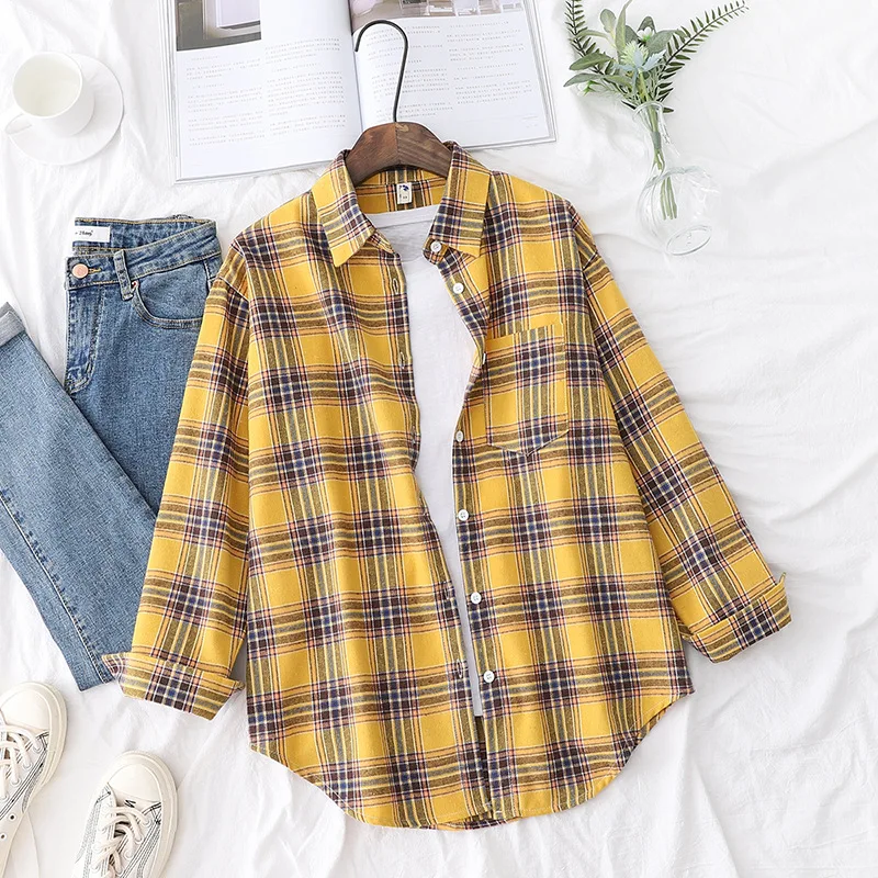 Brand Women's Flannel Plaid Shirts 2025 New Ladies Tops Exquisite Designer Style Loose Blouses Casual Cotton Long Sleeve Blouse thumbnail 4