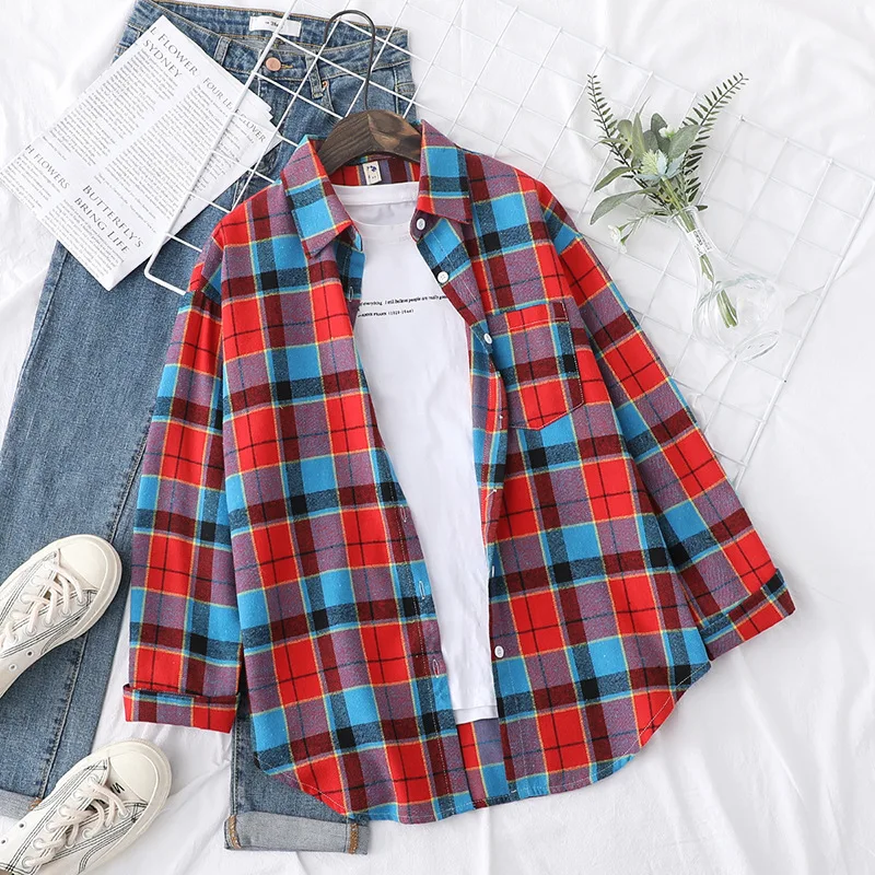 Brand Women's Flannel Plaid Shirts 2025 New Ladies Tops Exquisite Designer Style Loose Blouses Casual Cotton Long Sleeve Blouse thumbnail 6