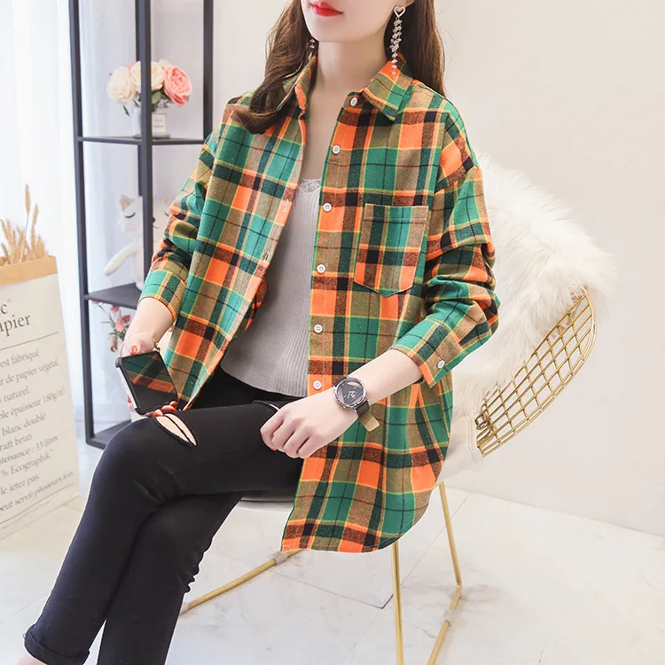 Brand Women's Flannel Plaid Shirts 2025 New Ladies Tops Exquisite Designer Style Loose Blouses Casual Cotton Long Sleeve Blouse thumbnail 2