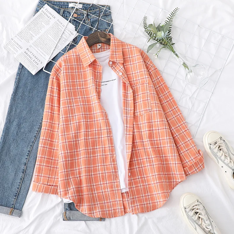 Brand Women's Flannel Plaid Shirts 2025 New Ladies Tops Exquisite Designer Style Loose Blouses Casual Cotton Long Sleeve Blouse thumbnail 5