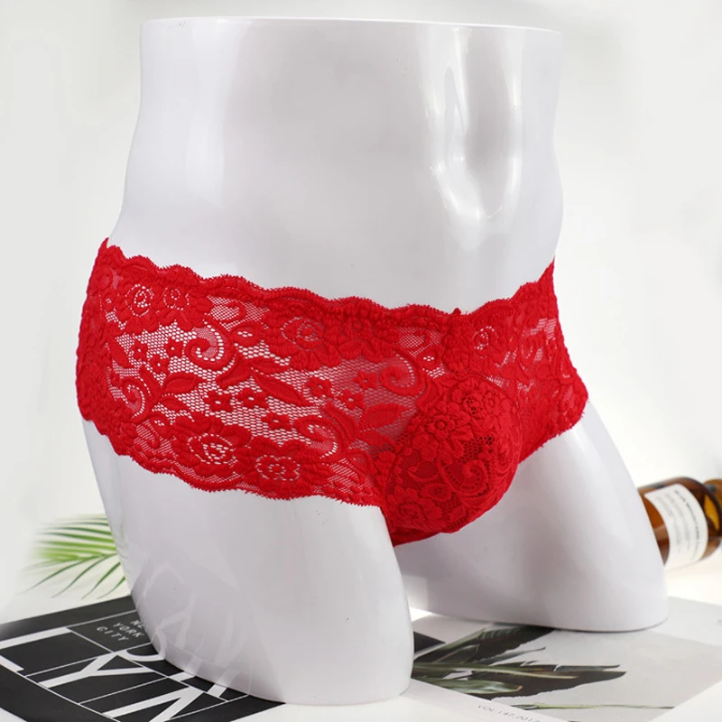 Men Sexy Underwear Lace Flower Small Boxer Shorts Underpants Red Black ZJH1005 M,L,XL thumbnail 6
