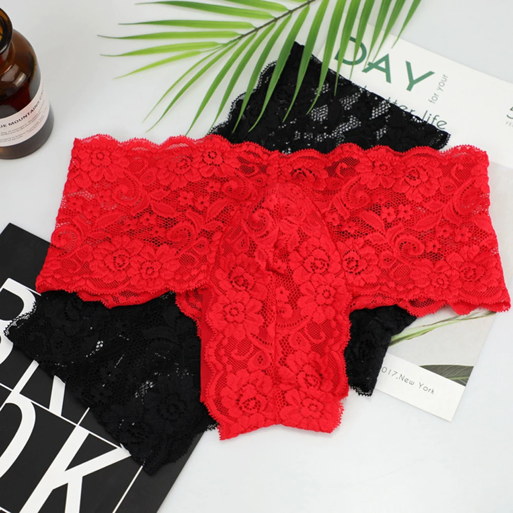 Men Sexy Underwear Lace Flower Small Boxer Shorts Underpants Red Black ZJH1005 M,L,XL thumbnail 4