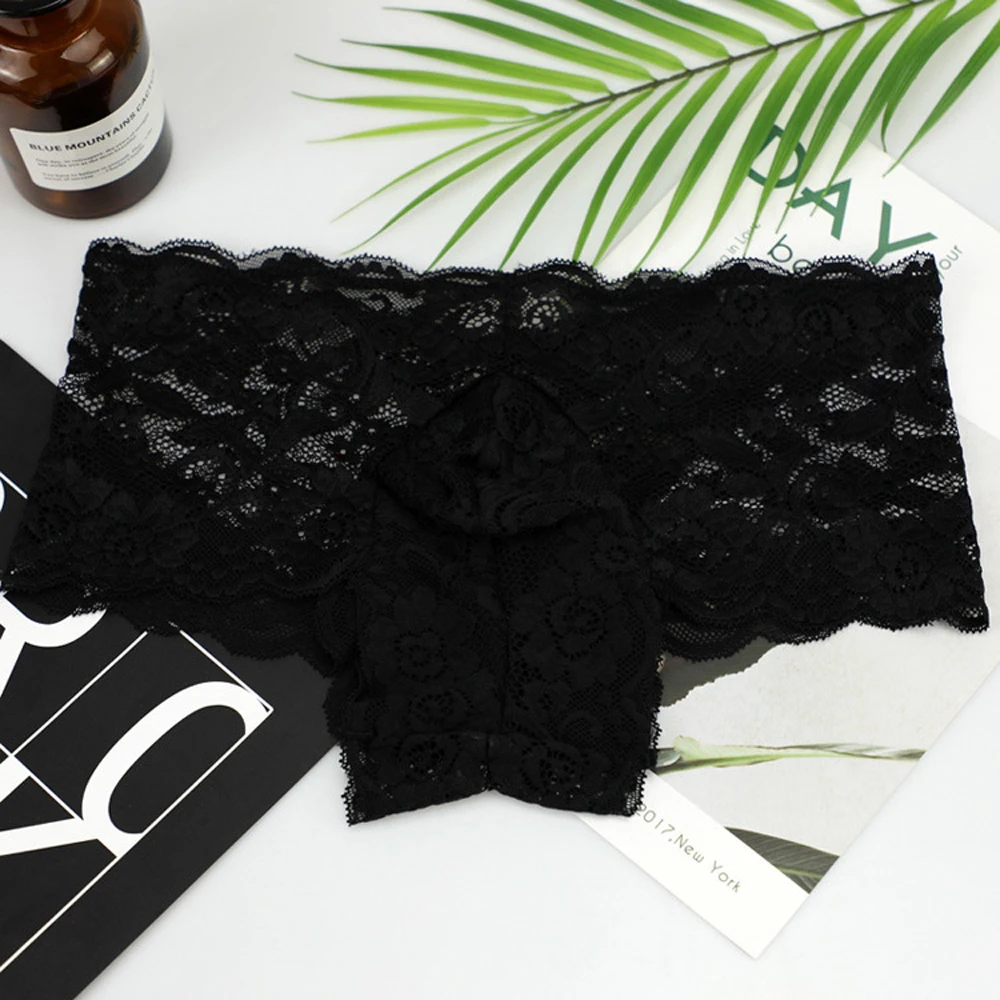 Men Sexy Underwear Lace Flower Small Boxer Shorts Underpants Red Black ZJH1005 M,L,XL thumbnail 3