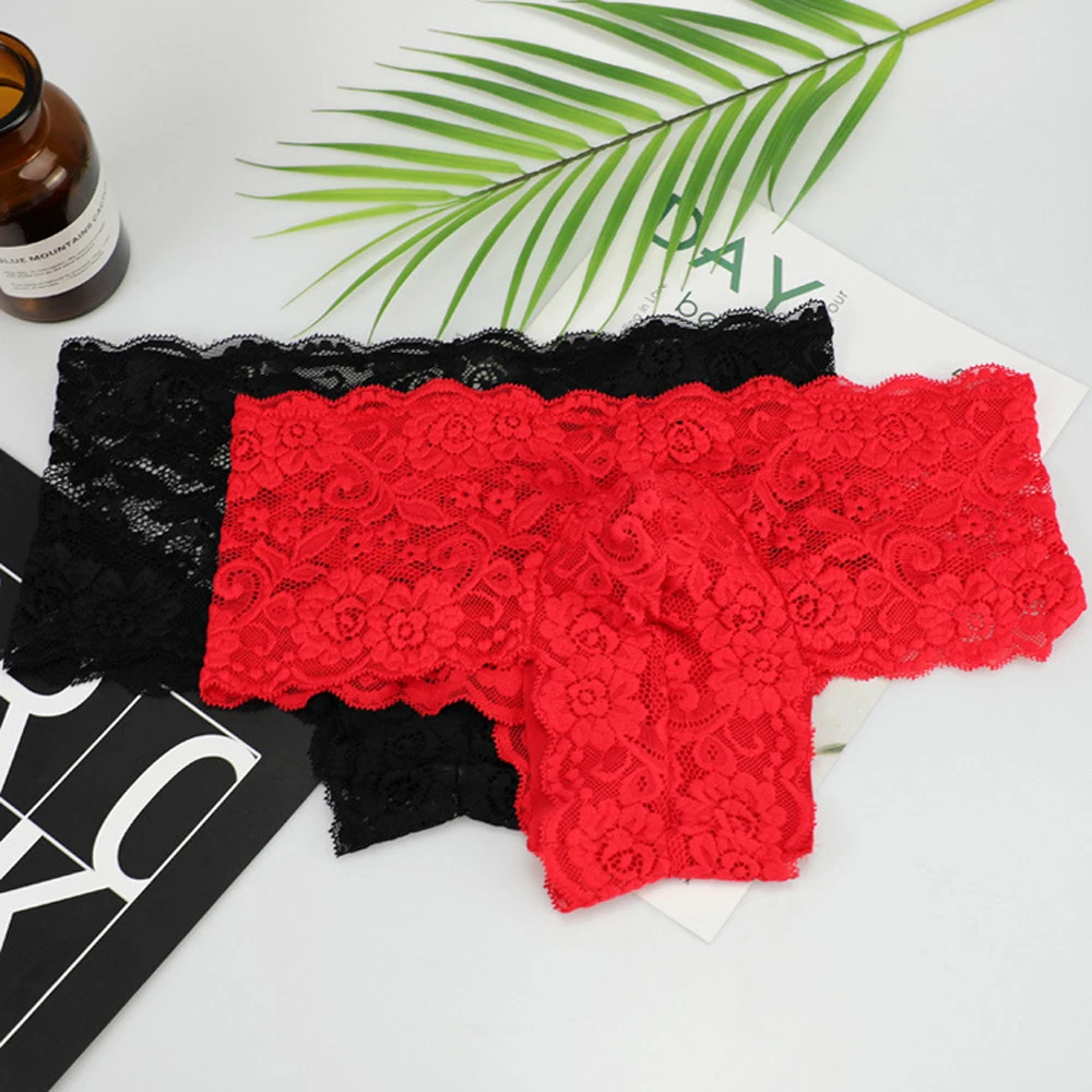 Men Sexy Underwear Lace Flower Small Boxer Shorts Underpants Red Black ZJH1005 M,L,XL thumbnail 2