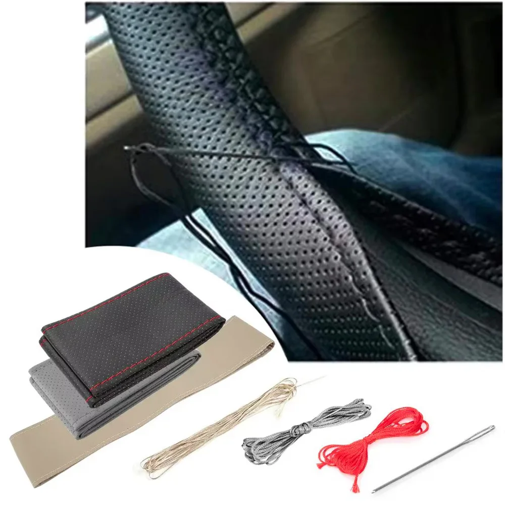 Car Steering Wheel Braid Cover Needles And Thread Artificial Leather Car Covers Suite 5 Color DIY Texture Soft Auto Accessories thumbnail 3