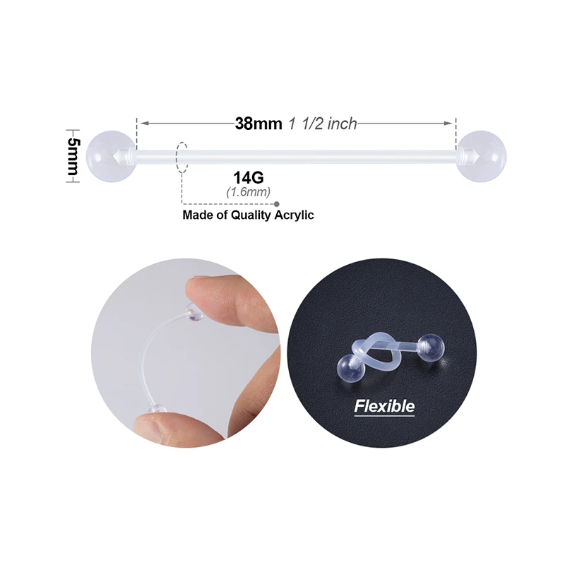 10PCS 14G UV Acrylic Bioflex & Stainless Steel Industrial Barbell Cartilage Earring Retainer Body Piercing Jewelry 1 1/2"(38mm) thumbnail 5