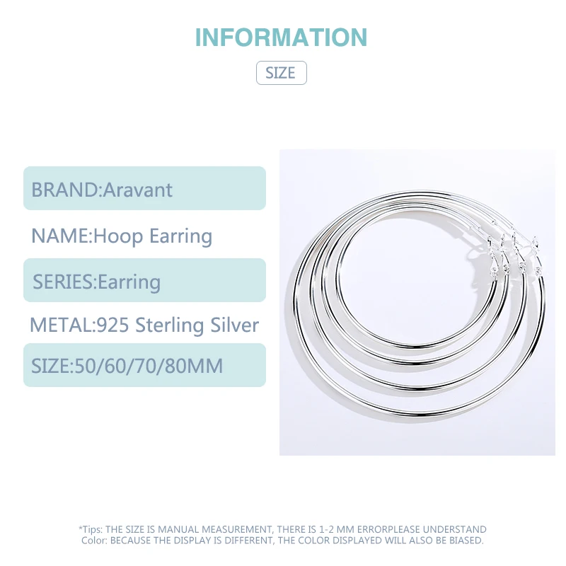 Aravant 925 Sterling Silver 50MM 60MM 70MM 80MM Hoop Earring For Women Wedding Jewelry Gift thumbnail 6