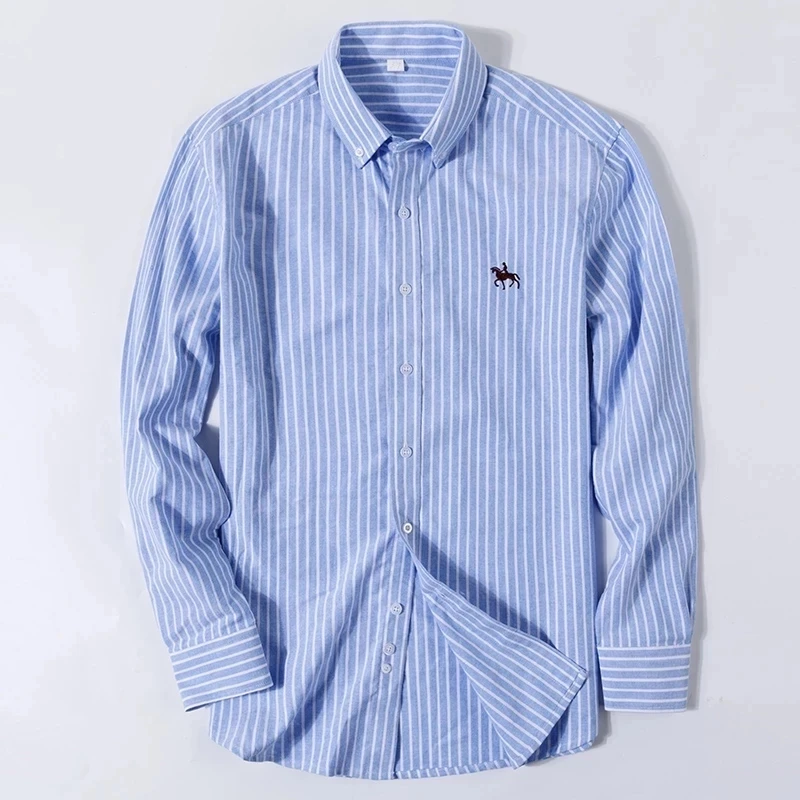 S~6XL Cotton Oxford Shirt For Mens Long Sleeve Plaid Striped Casual Shirts Male Pocket Regular-Fit Button-Down Work Man Shirt thumbnail 2