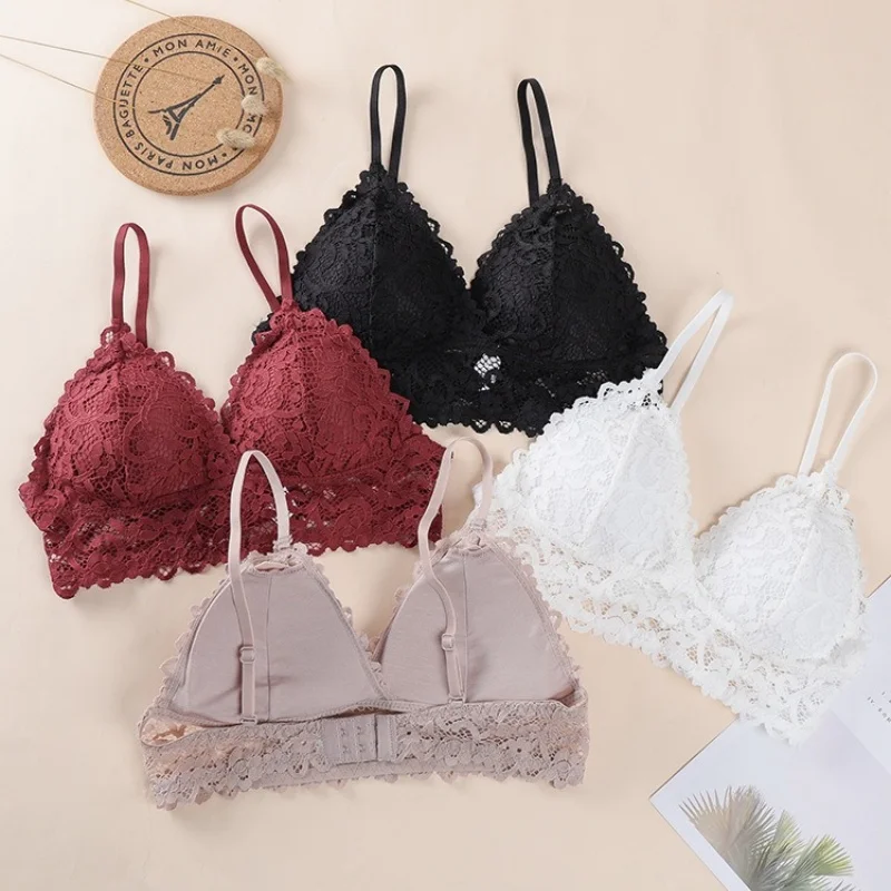 Women's Triangle Bralette French Style Wireless Bra Sexy Lingerie Padded Bras Delicate Floral Lace Underwear Daily Wear One Size thumbnail 2