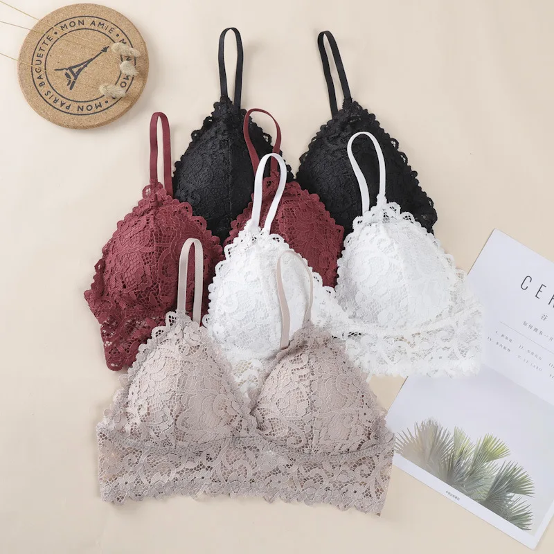 Women's Triangle Bralette French Style Wireless Bra Sexy Lingerie Padded Bras Delicate Floral Lace Underwear Daily Wear One Size