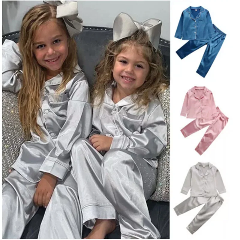 Kids Boy Girl Pajamas Silk Satin Top Pant Long sleeve Solid Button-Down Infant Baby Pyjamas Satin Set Nightgown Child Sleepwear
