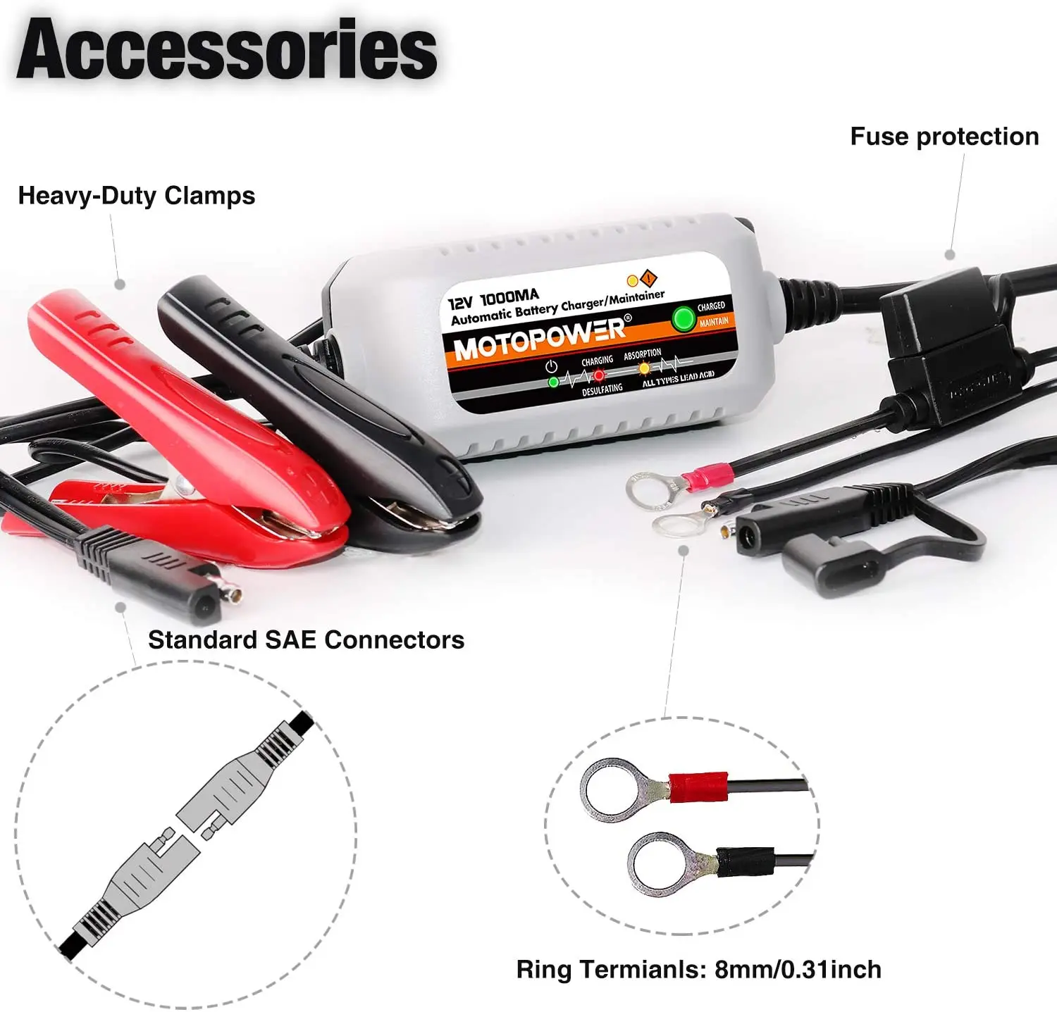 MOTOPOWER MP00205B 12V 1000mA Fully Automatic Battery Charger/Maintainer thumbnail 5