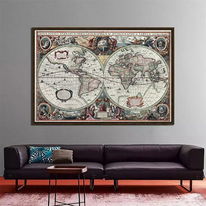 Retro World Map Nautical Ocean Map Canvas Painting Wall Art Chart Sticker Antique Home Decor Large Size Map World On The Wall thumbnail 3