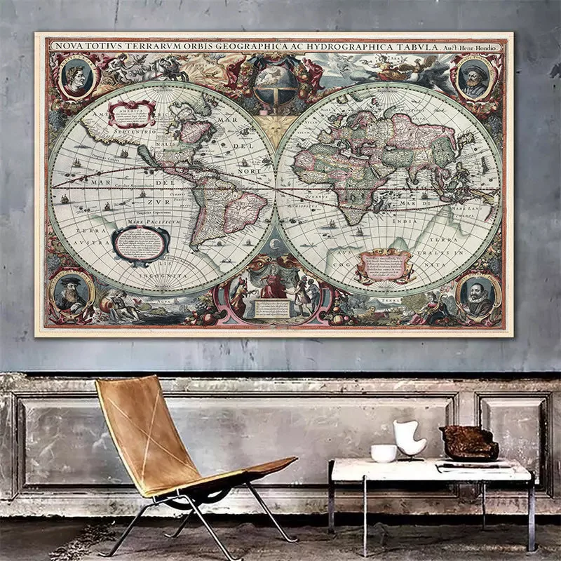 Retro World Map Nautical Ocean Map Canvas Painting Wall Art Chart Sticker Antique Home Decor Large Size Map World On The Wall thumbnail 2