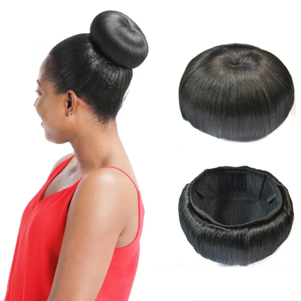 Jeedou Synthetic Spherical Updos Chignon With Bangs Clip In Hair Bun Pad Donut Rubber Band Hairpieces Black Color thumbnail 6