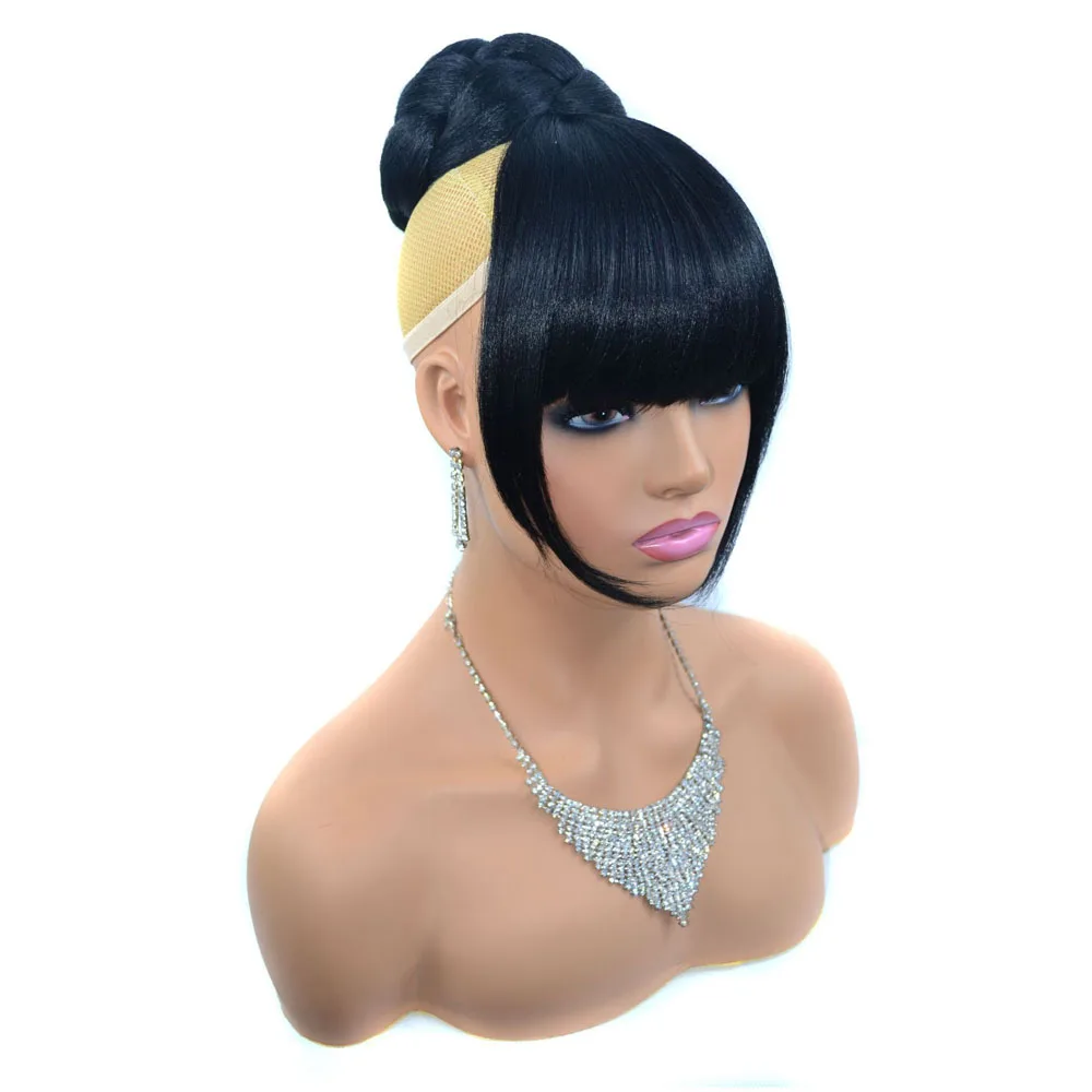 Jeedou Synthetic Spherical Updos Chignon With Bangs Clip In Hair Bun Pad Donut Rubber Band Hairpieces Black Color thumbnail 3