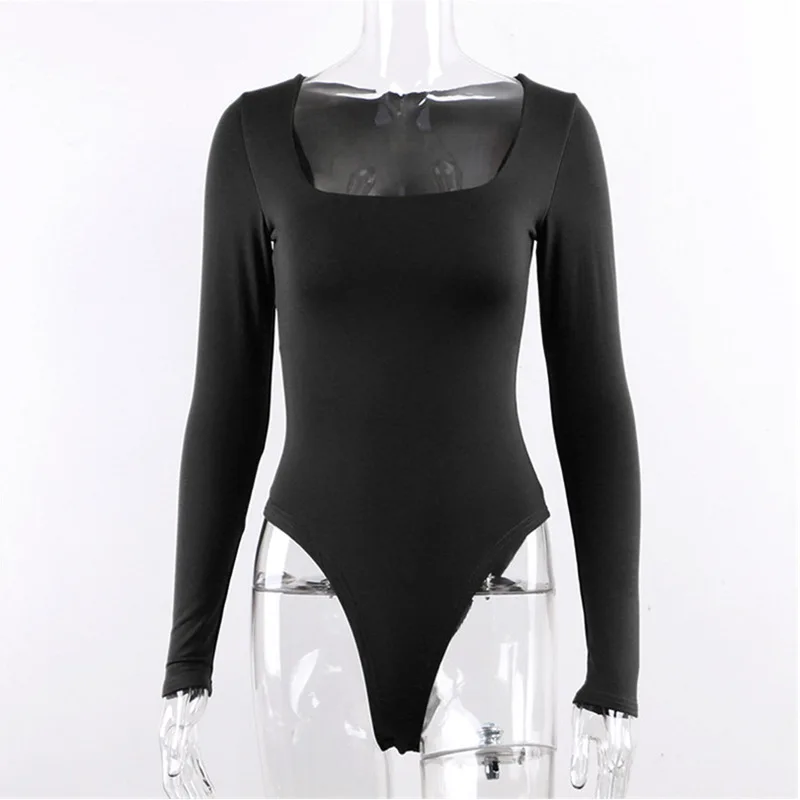 Bodysuit Long Sleeve Women Body streetwear dropshipping  Sexy Bodycon Square Neck Sheath Crotch Basic Black Overalls Top thumbnail 6