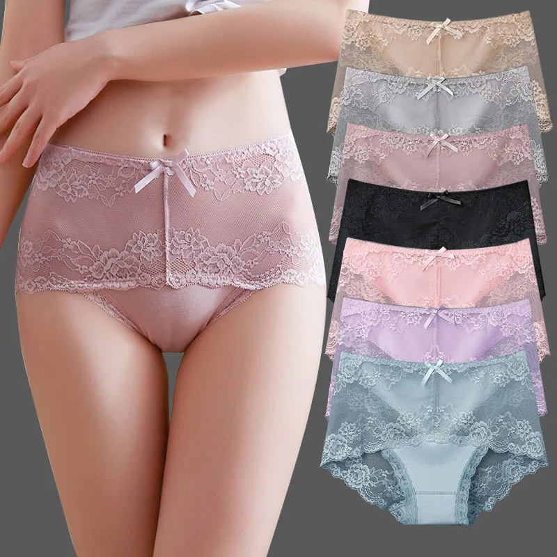 7Pcs Cotton Women's underwear lace transparent panties comfortable antibacterial plus size pants female sexy lingerie thumbnail 2