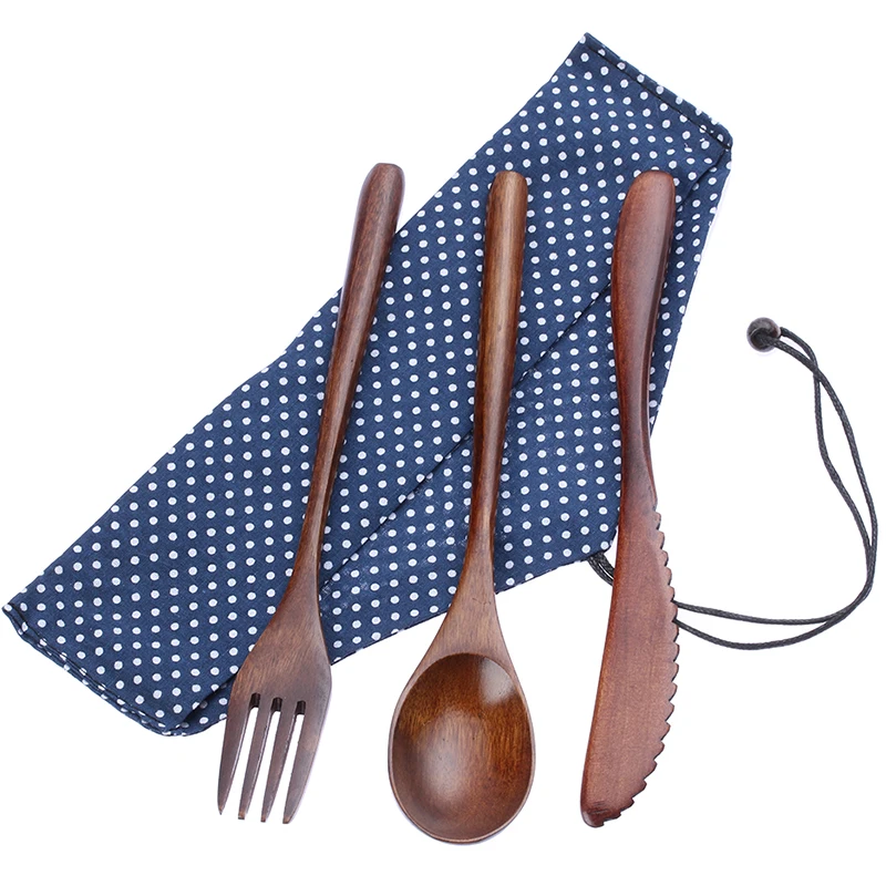 Wooden Cutlery Set Spoon Fork Cutter Reusable Wood Bamboo Flatware With Bag Portable Dinnerware Tableware Student Lunch Supplies