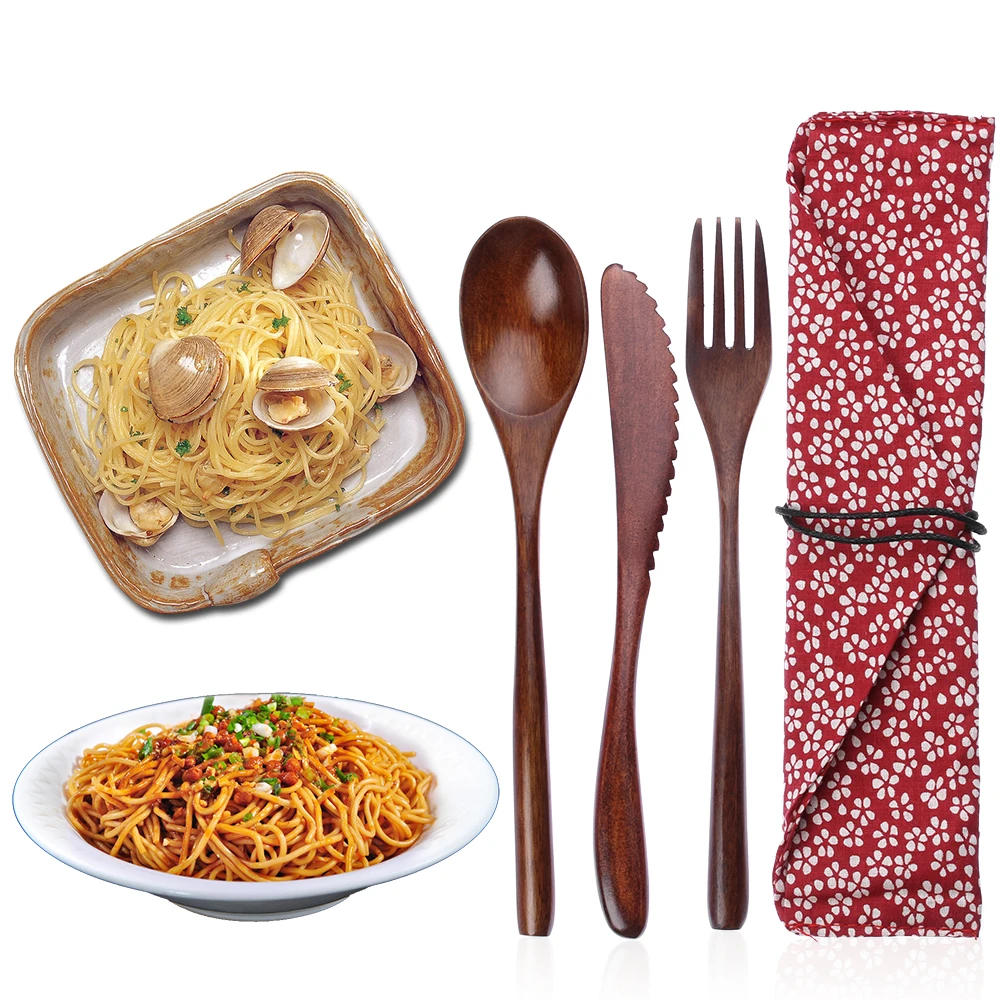 Wooden Cutlery Set Spoon Fork Cutter Reusable Wood Bamboo Flatware With Bag Portable Dinnerware Tableware Student Lunch Supplies thumbnail 3