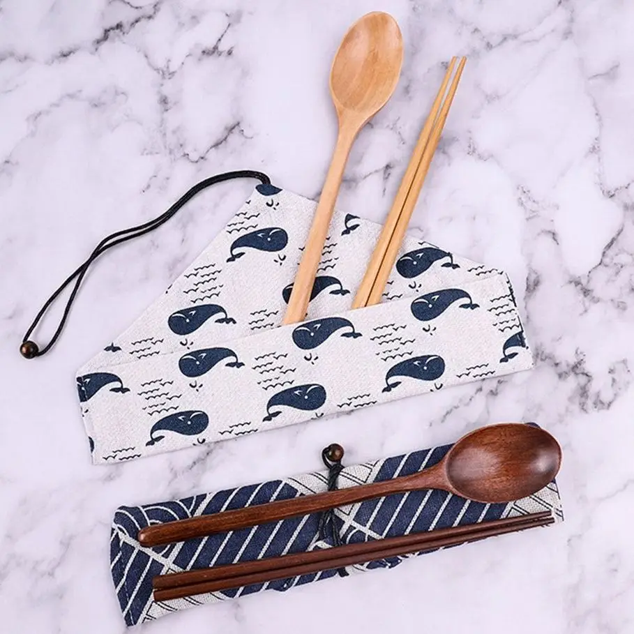 Wooden Cutlery Set Spoon Fork Cutter Reusable Wood Bamboo Flatware With Bag Portable Dinnerware Tableware Student Lunch Supplies thumbnail 5