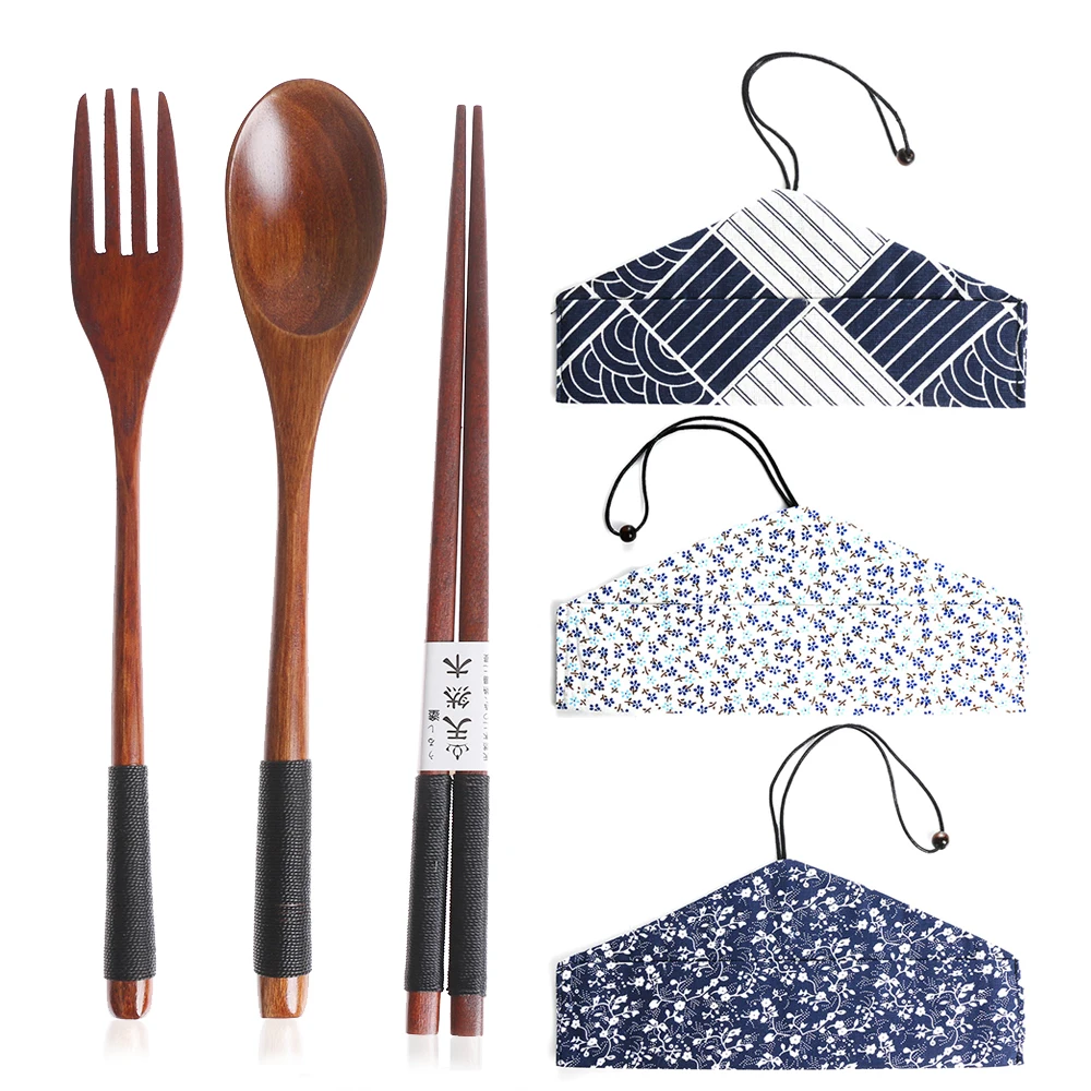 Wooden Cutlery Set Spoon Fork Cutter Reusable Wood Bamboo Flatware With Bag Portable Dinnerware Tableware Student Lunch Supplies thumbnail 2