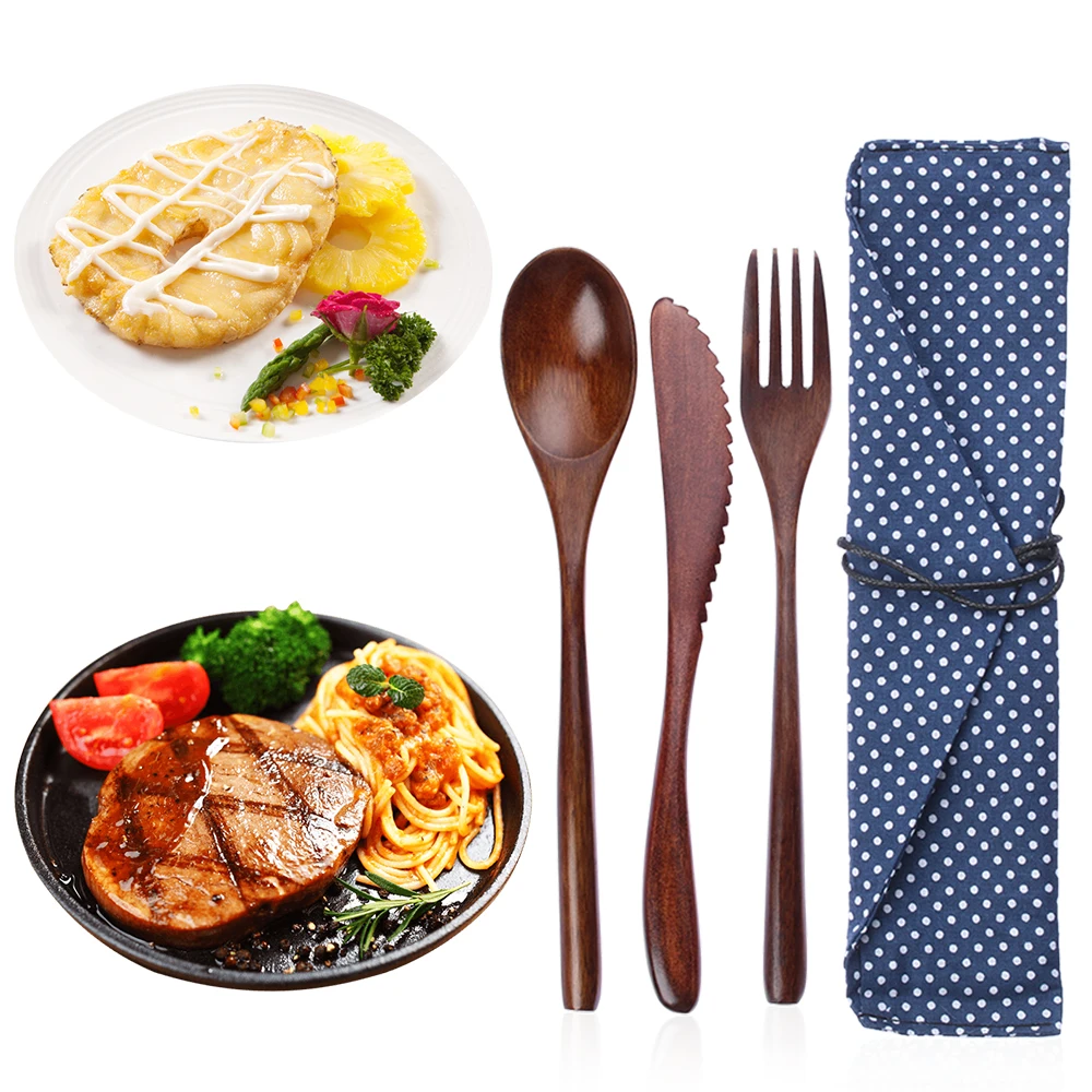 Wooden Cutlery Set Spoon Fork Cutter Reusable Wood Bamboo Flatware With Bag Portable Dinnerware Tableware Student Lunch Supplies thumbnail 4