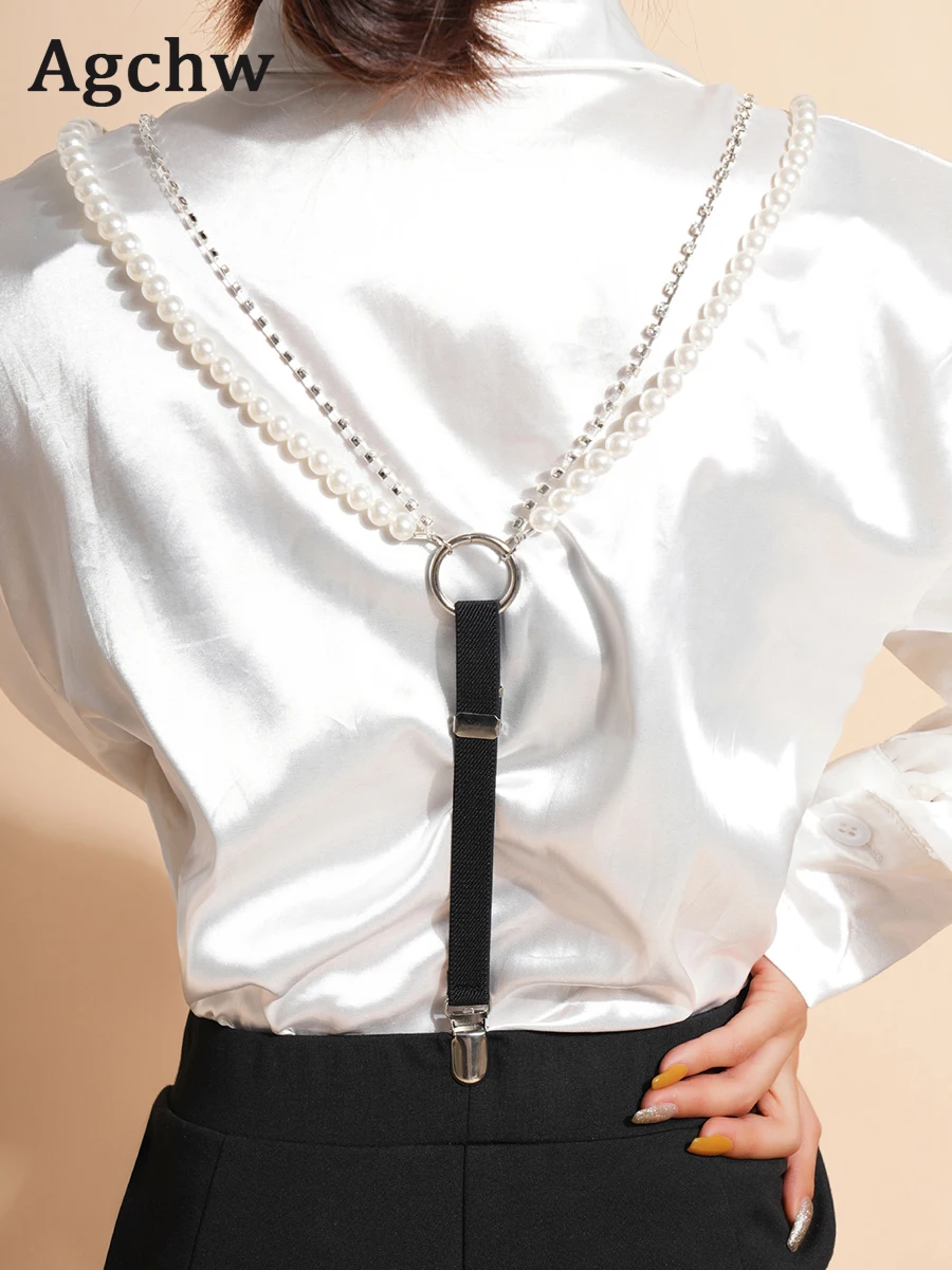 Rhinestone crytal silver claw beads suspenders For women shirt ORing Garters rubber Elasticity Belt Pearl braces for jeans Strap thumbnail 2