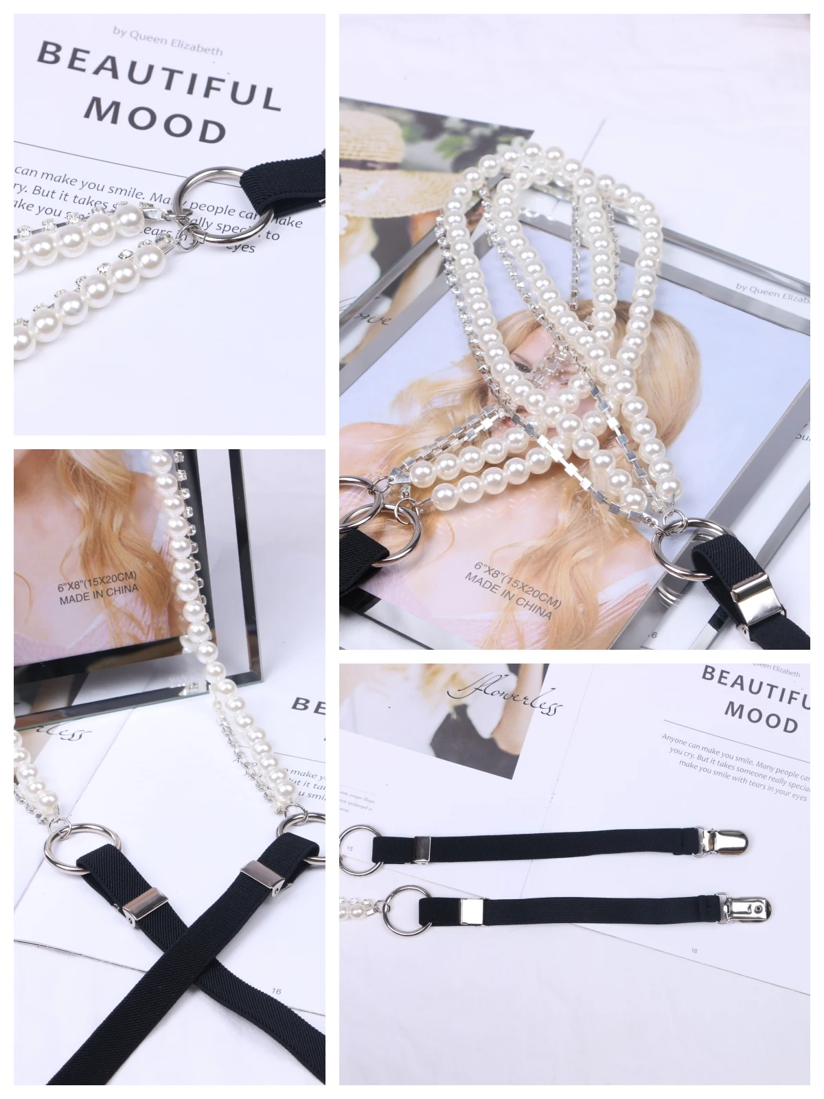 Rhinestone crytal silver claw beads suspenders For women shirt ORing Garters rubber Elasticity Belt Pearl braces for jeans Strap thumbnail 5
