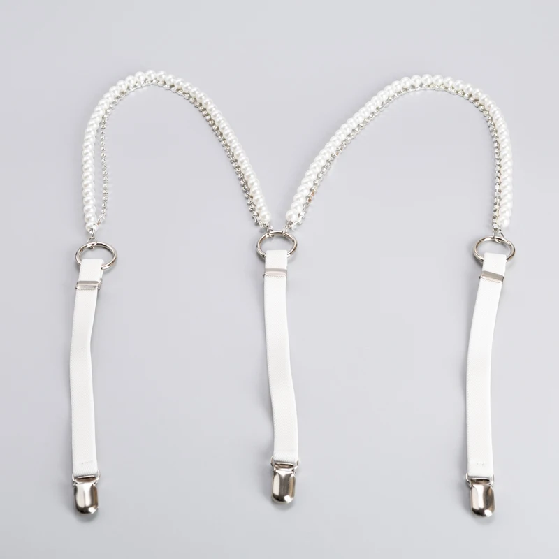 Rhinestone crytal silver claw beads suspenders For women shirt ORing Garters rubber Elasticity Belt Pearl braces for jeans Strap thumbnail 6