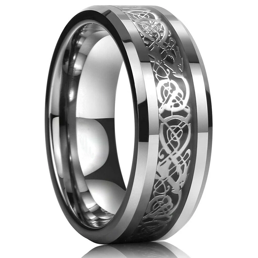 21 Colors 8mm Men's Stainless Steel Celtic Dragon Ring Inlay Red Green Black Carbon Fiber Ring Wedding Band Jewelry Size 6-13 thumbnail 5