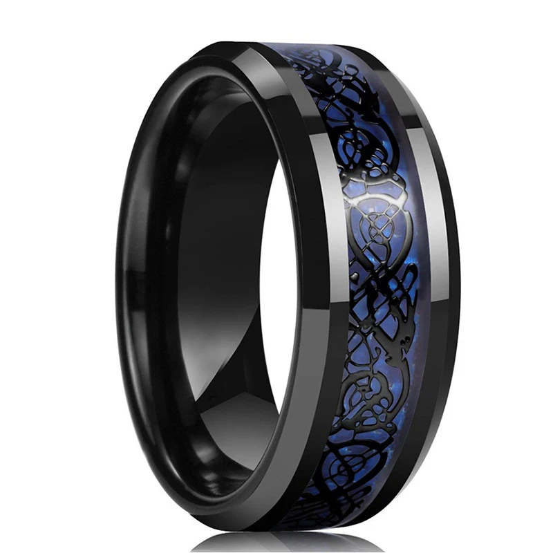 21 Colors 8mm Men's Stainless Steel Celtic Dragon Ring Inlay Red Green Black Carbon Fiber Ring Wedding Band Jewelry Size 6-13 thumbnail 3
