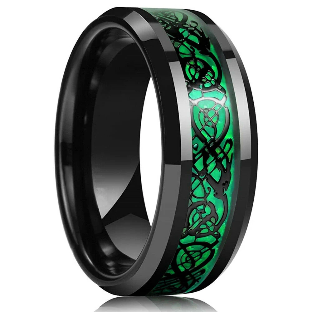 21 Colors 8mm Men's Stainless Steel Celtic Dragon Ring Inlay Red Green Black Carbon Fiber Ring Wedding Band Jewelry Size 6-13 thumbnail 4