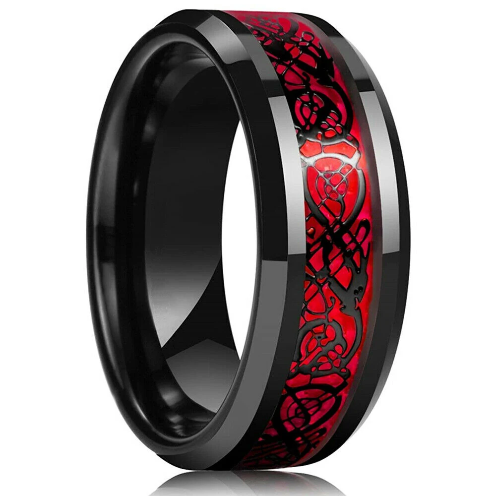 21 Colors 8mm Men's Stainless Steel Celtic Dragon Ring Inlay Red Green Black Carbon Fiber Ring Wedding Band Jewelry Size 6-13 thumbnail 2
