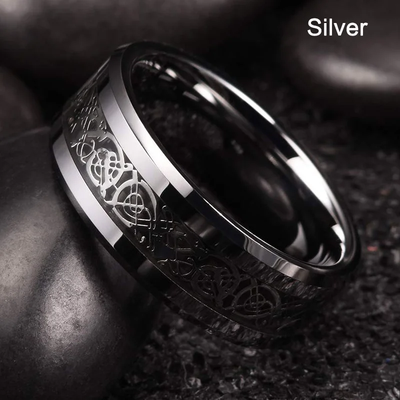 21 Colors 8mm Men's Stainless Steel Celtic Dragon Ring Inlay Red Green Black Carbon Fiber Ring Wedding Band Jewelry Size 6-13 thumbnail 6