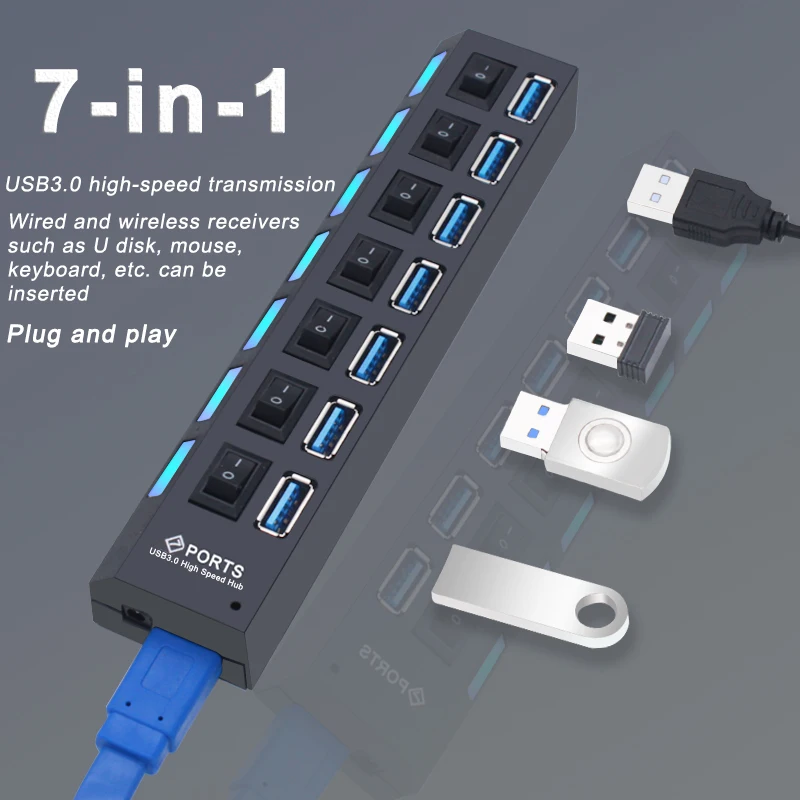 USB Hub 3.0 Hub USB 3 USB 2.0 Multi USB Splitter Power Adapter 4/7 Port Multiple Expander 2.0 with Switch for PC Accessories thumbnail 5