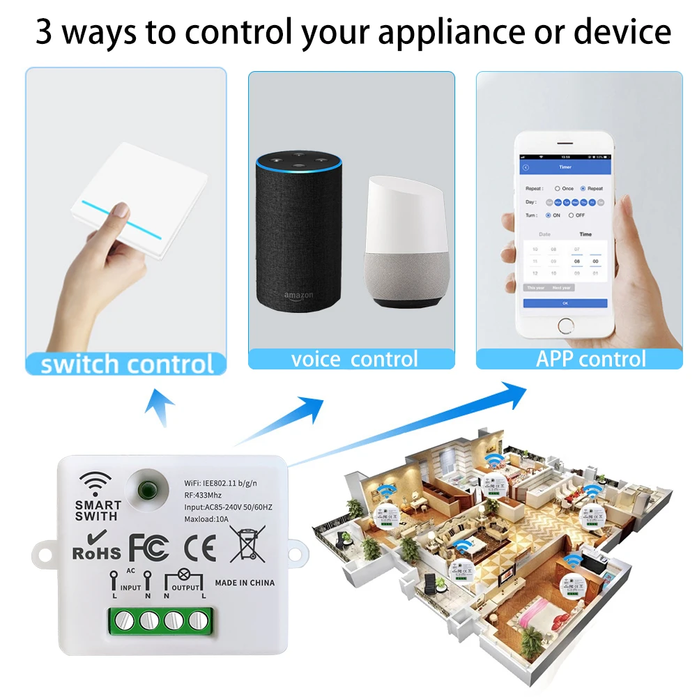 WIFI Mini switch Tuya Smart Life APP Push Button Light Switch RF 433Mhz Wall Panel DIY Relay Module Timer Google Home Alexa thumbnail 4