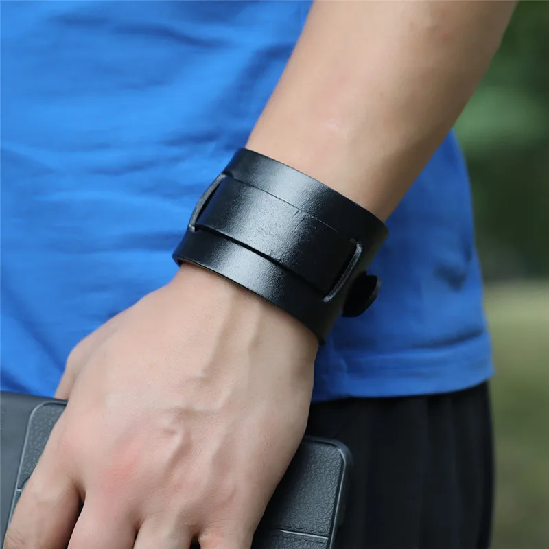 Modyle Fashion Wide Genuine Leather Bracelet Brown Black Wide Cuff Bracelets Bangles Vintage Punk Wristband Men Jewelry thumbnail 4