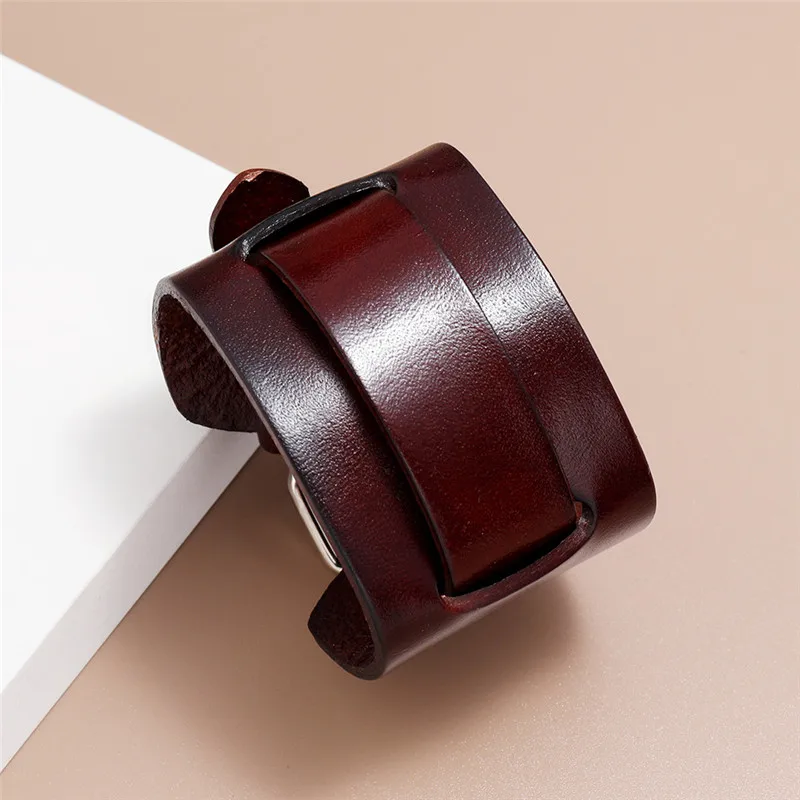 Modyle Fashion Wide Genuine Leather Bracelet Brown Black Wide Cuff Bracelets Bangles Vintage Punk Wristband Men Jewelry thumbnail 3