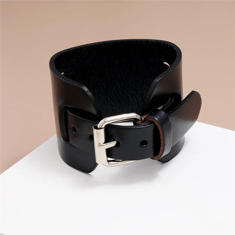 Modyle Fashion Wide Genuine Leather Bracelet Brown Black Wide Cuff Bracelets Bangles Vintage Punk Wristband Men Jewelry thumbnail 2
