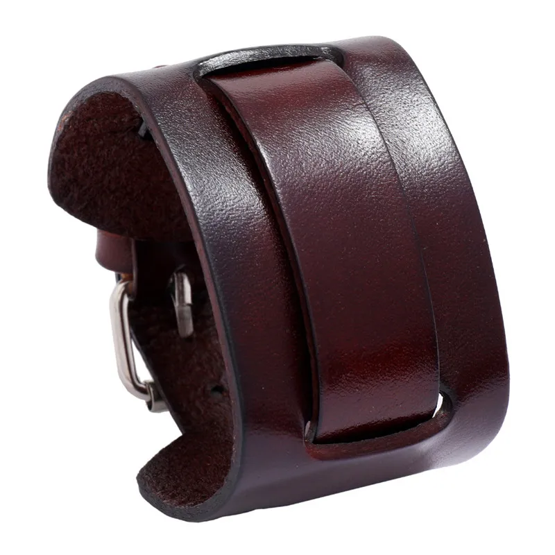 Modyle Fashion Wide Genuine Leather Bracelet Brown Black Wide Cuff Bracelets Bangles Vintage Punk Wristband Men Jewelry thumbnail 6