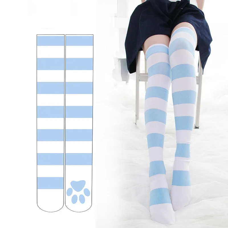 Lolita Over Knee Socks Pink Strip Kawaii Cat Paw Print Stockings Lolita Gothic Velvet Over The Knee Thigh High JK Long Stockings thumbnail 2