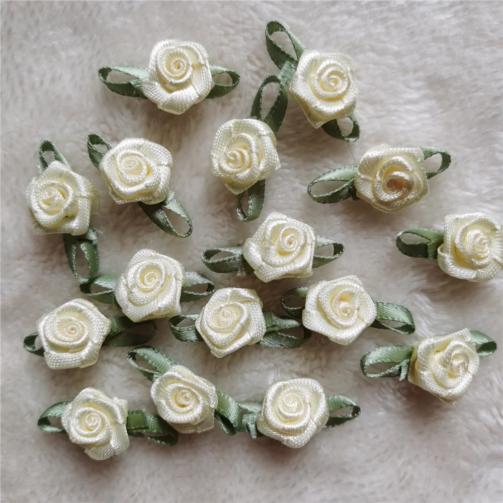 100PCS/Lot Mini Handmade Rose Flower Satin Ribbon Rosettes Fabric Appliques For Wedding Decoration Craft Sewing Accessories thumbnail 2