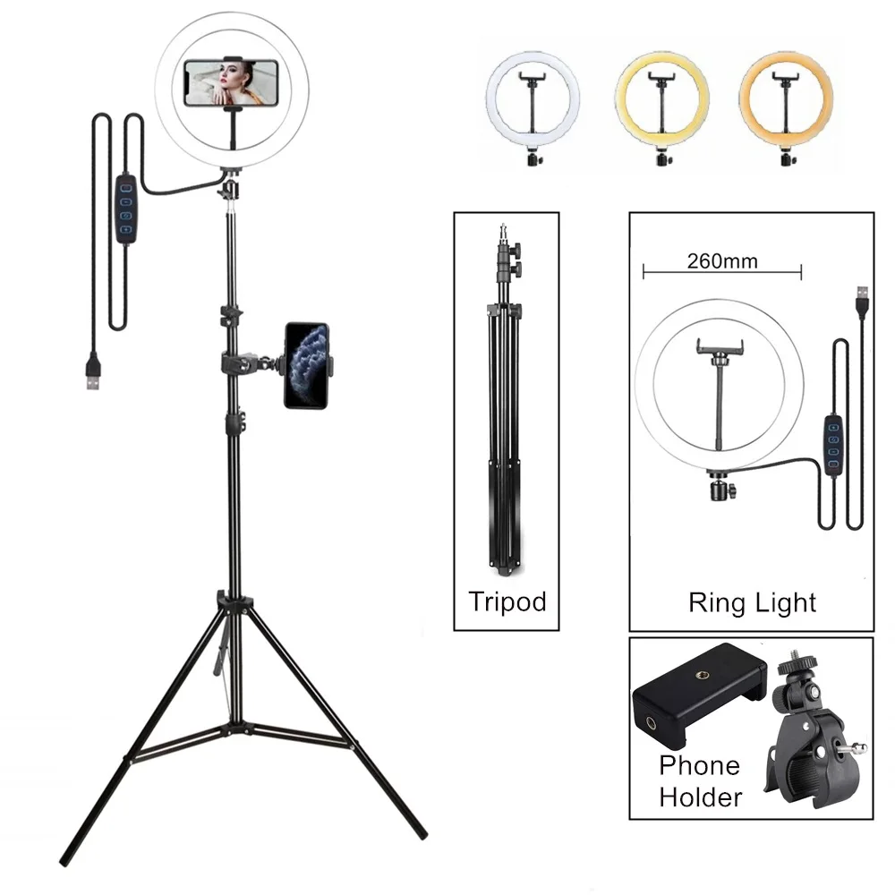 10 Inch LED Ring Fill Light Photography Lighting Selfie Tripod Stand Dimmable Ringlight for Makeup Live Streaming YouTube