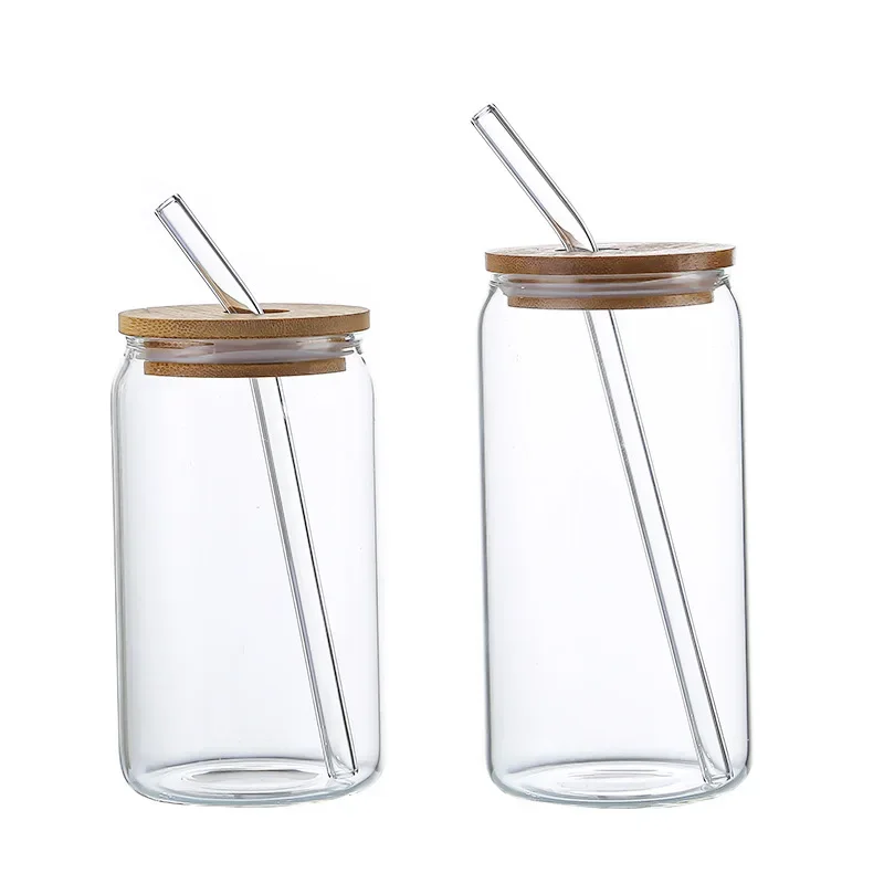 Creative Glass Cup Bamboo Lid Can Shape Tea Juice Milk Coffee Mug Glass Drinking Cup High Borosilicate Glass Durable Drinkware thumbnail 5